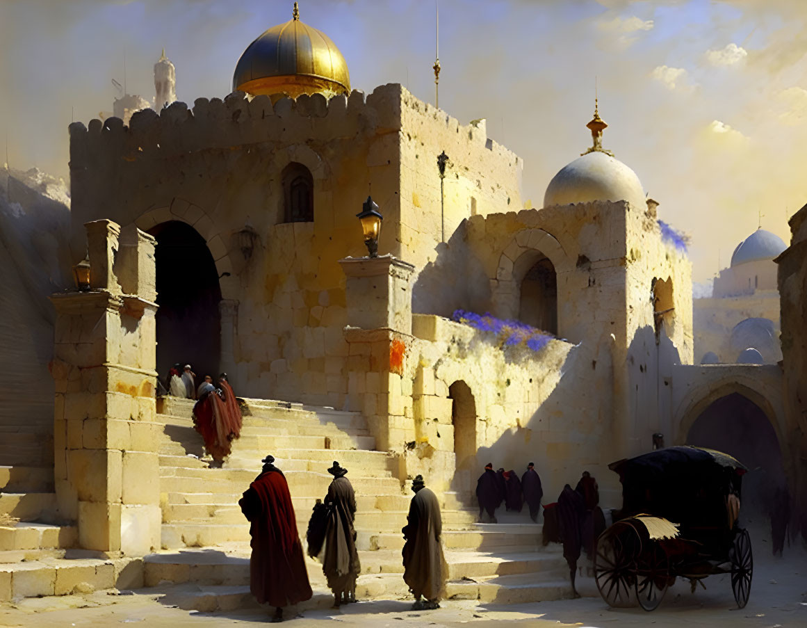 Historical cityscape with golden domes, horse-drawn carriage, and ascending figures.