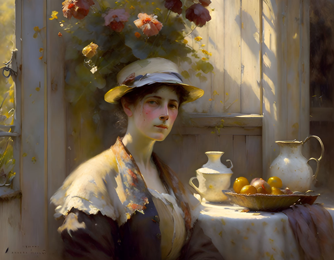 Young Woman in Hat with Fruit Bowl and Pitcher in Sunlit Setting