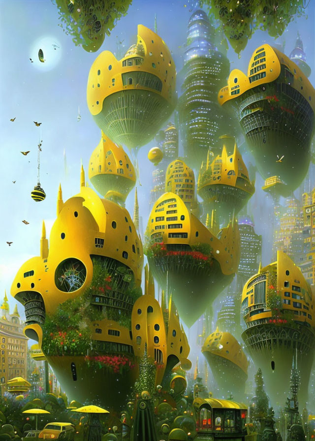 Yellow mushroom-shaped buildings in futuristic cityscape with flying vehicles and skyscrapers.