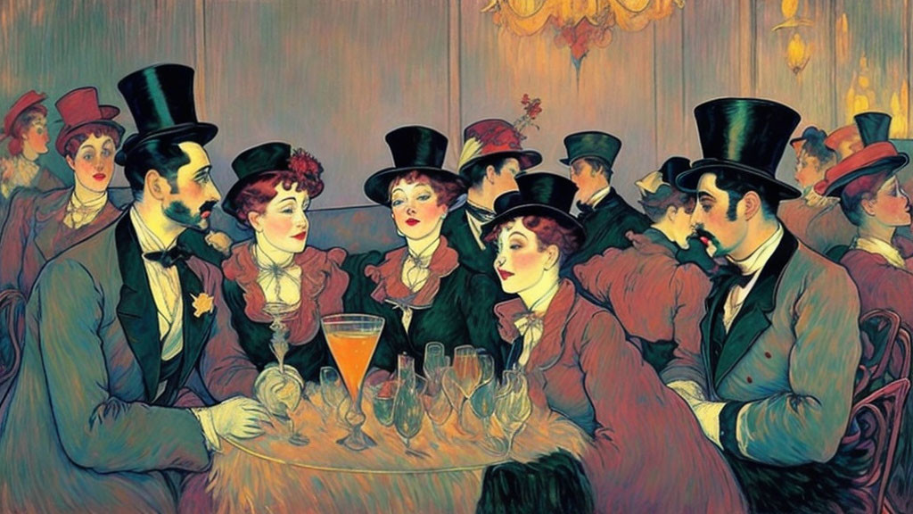 Vintage Gathering: Elegant People in Fine Attire and Top Hats Conversing