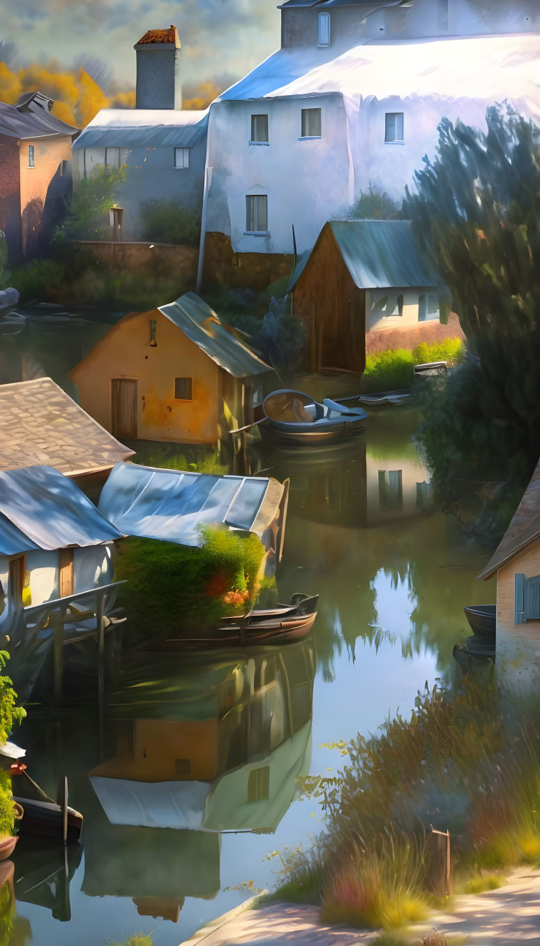 Picturesque village scene with reflective waterway, rustic houses, boats, and serene ambiance