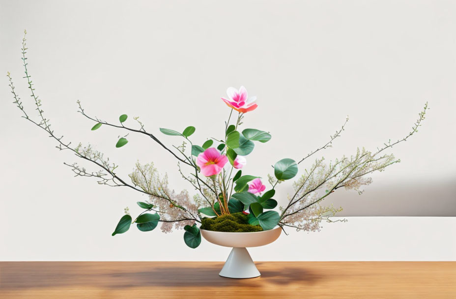 Pink Blossoms and Green Leaves in White Vase on Beige Background