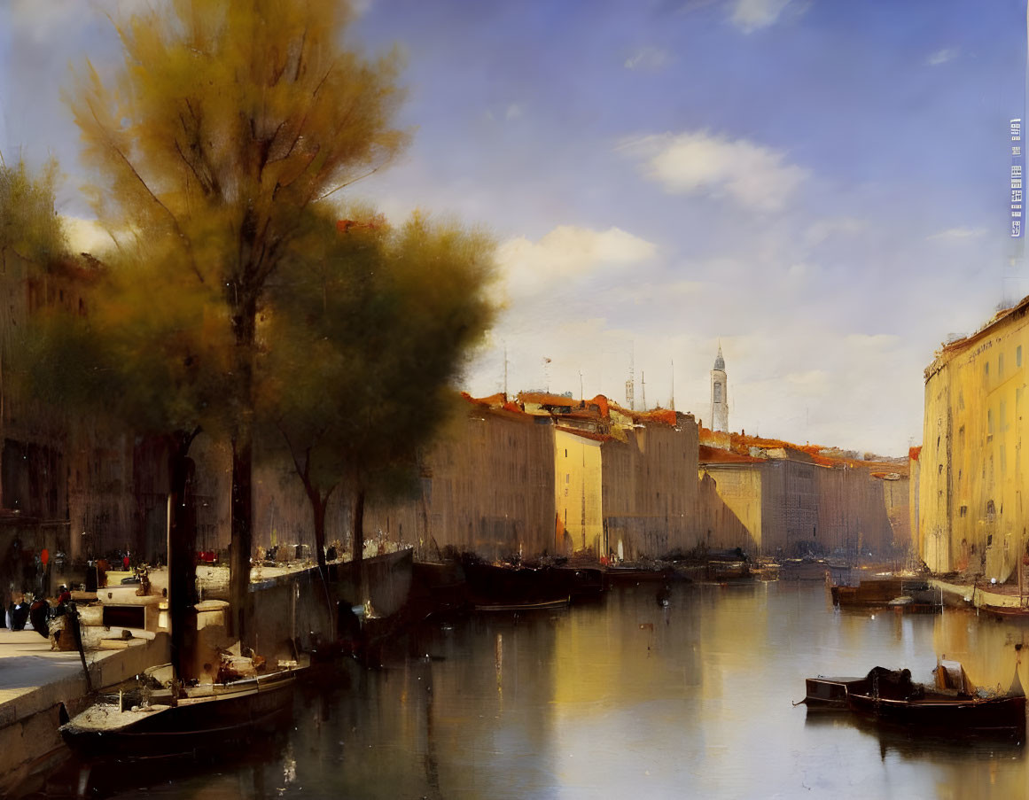 Serene canal scene with boats, old buildings, and strolling people