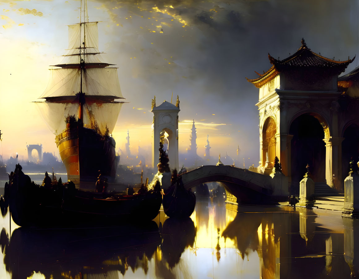 Tranquil harbor sunset with majestic ship, ornate buildings, and curved bridge.