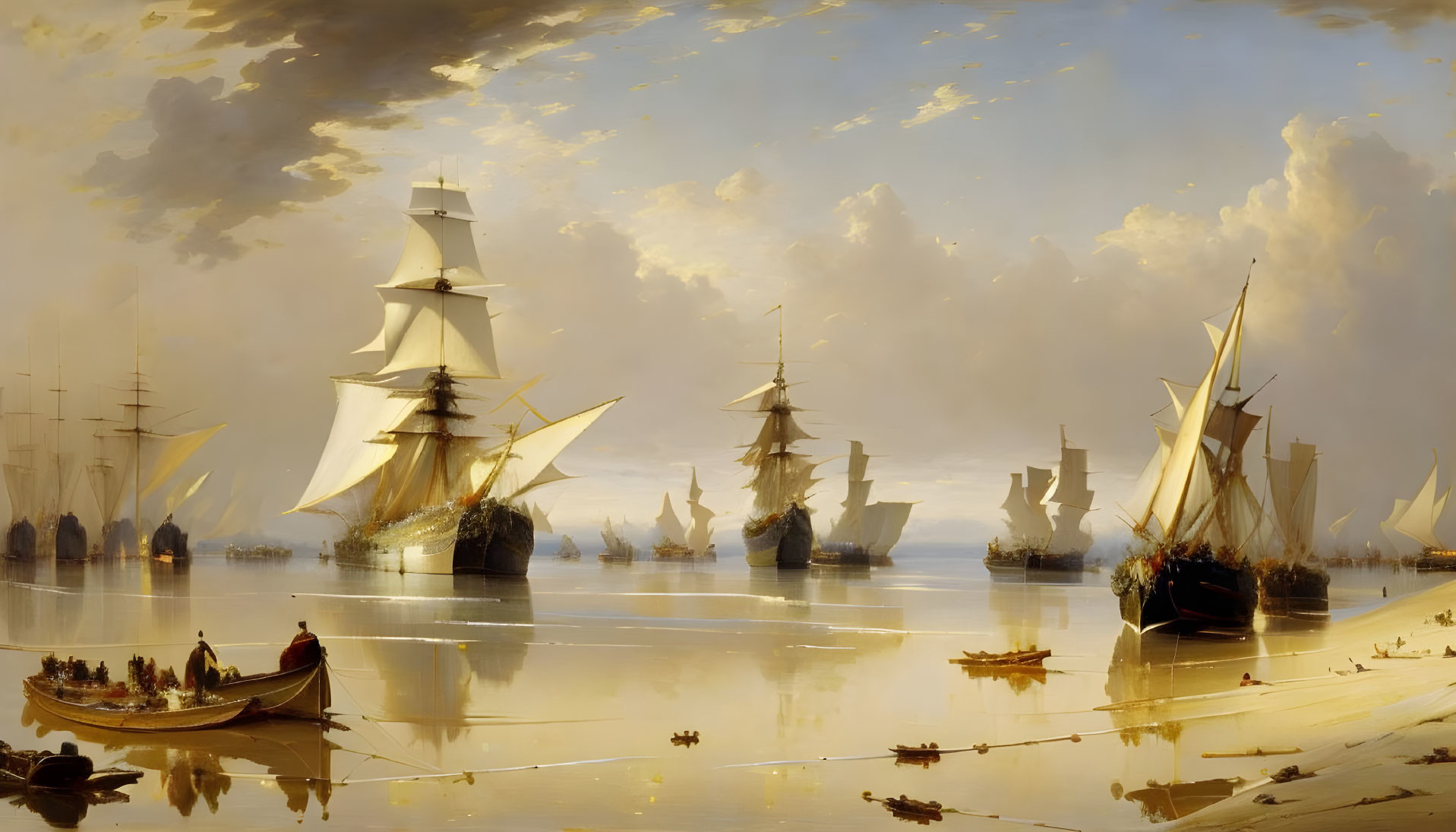 Golden sunlight illuminates sailing ships in serene harbor