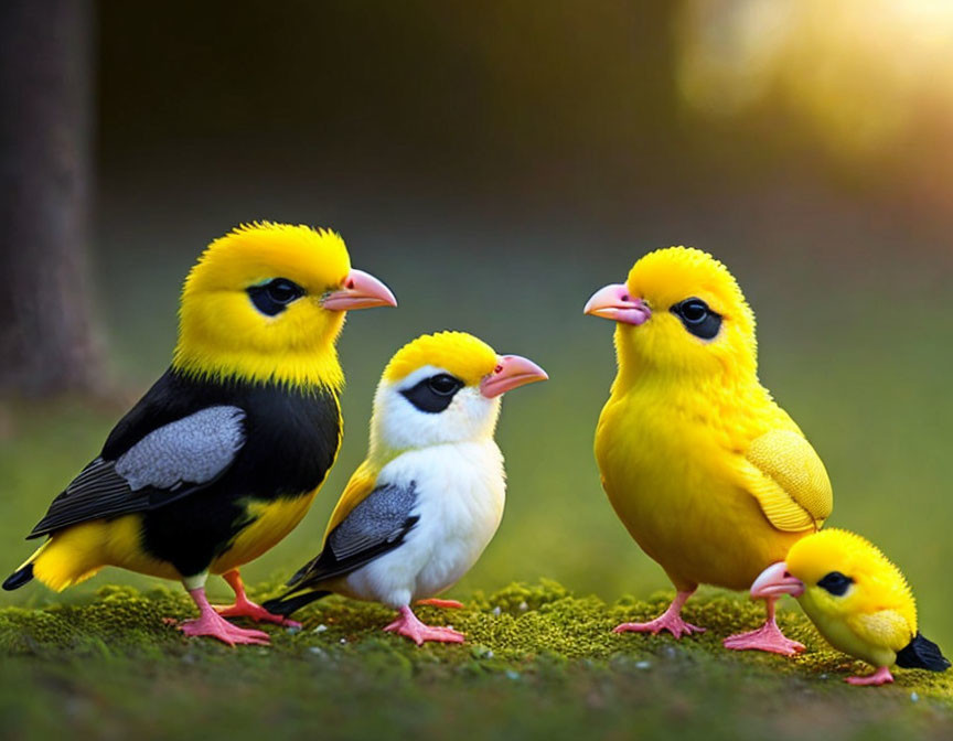 Yellow and Black Birds with Small Yellow-Headed Bird on Mossy Ground