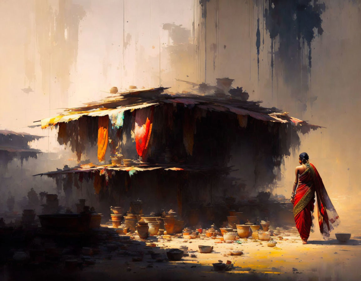 Woman in red saree approaching rustic hut with colorful cloths and earthen pots in warm sunlight.