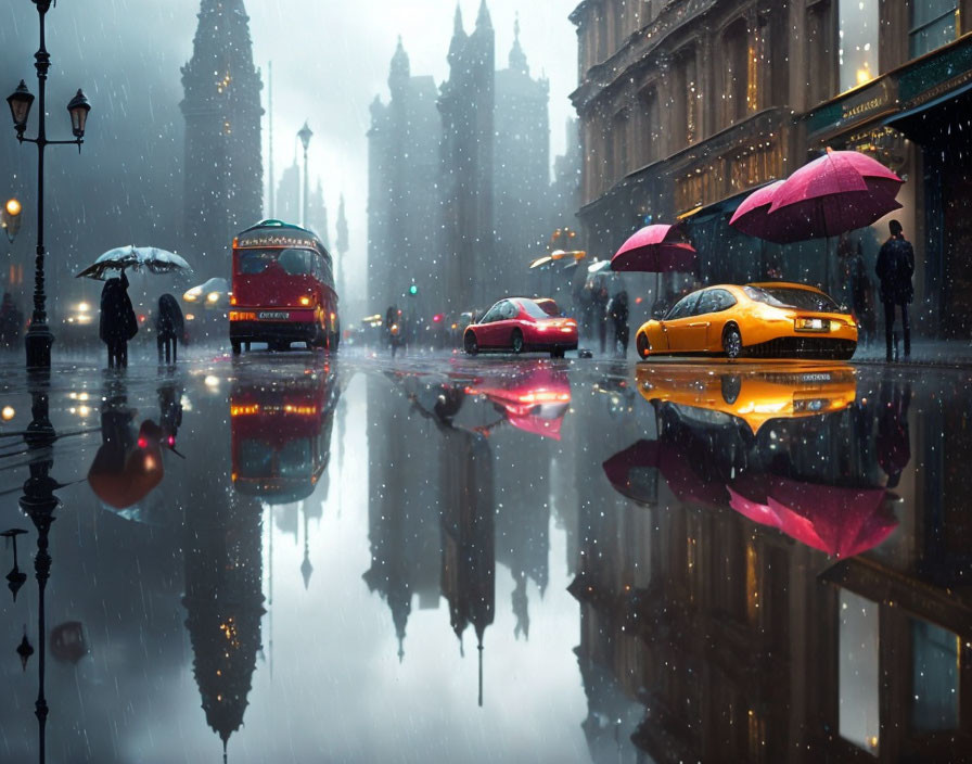 Colorful umbrellas in rainy urban scene with city lights reflection