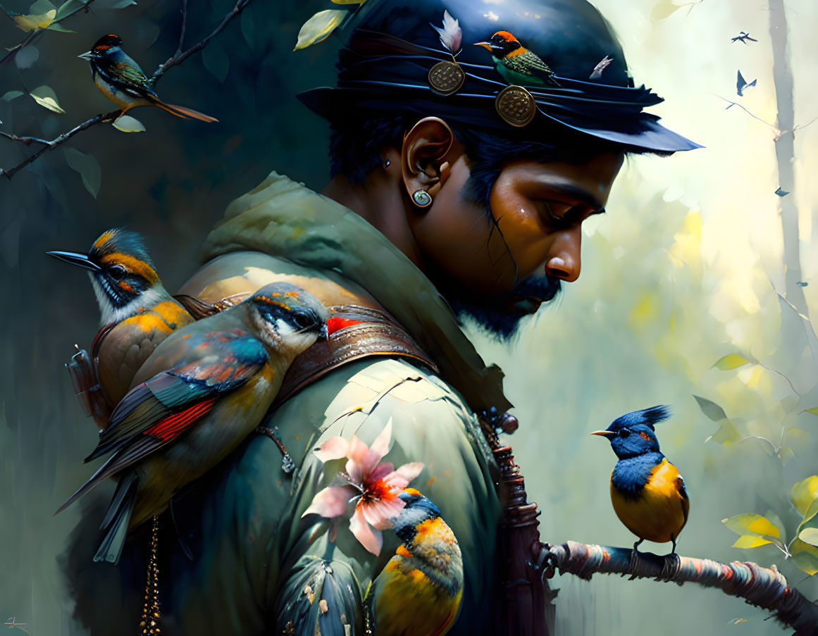 Decorated man in military uniform with colorful birds in nature.