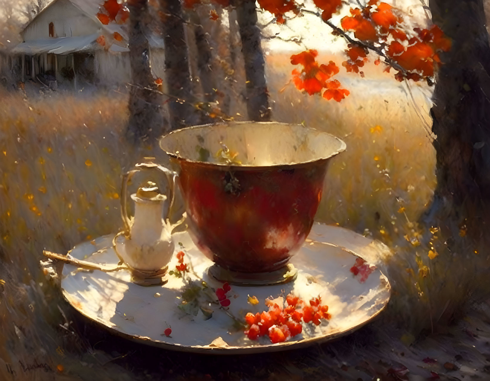 Golden bowl, white pitcher, red berries, leaves in autumn still-life scene.