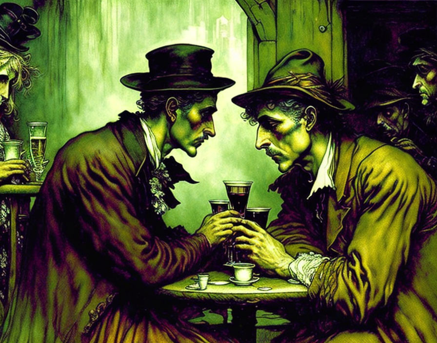 Stylized men toasting in green-hued bar setting