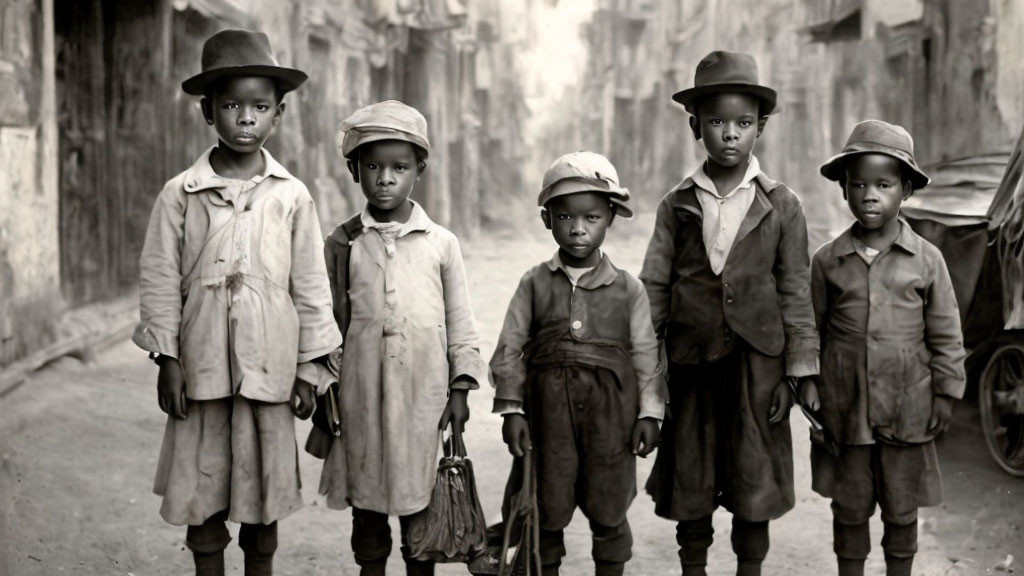 Five boys in oversized clothes and hats in dusty street with solemn expressions