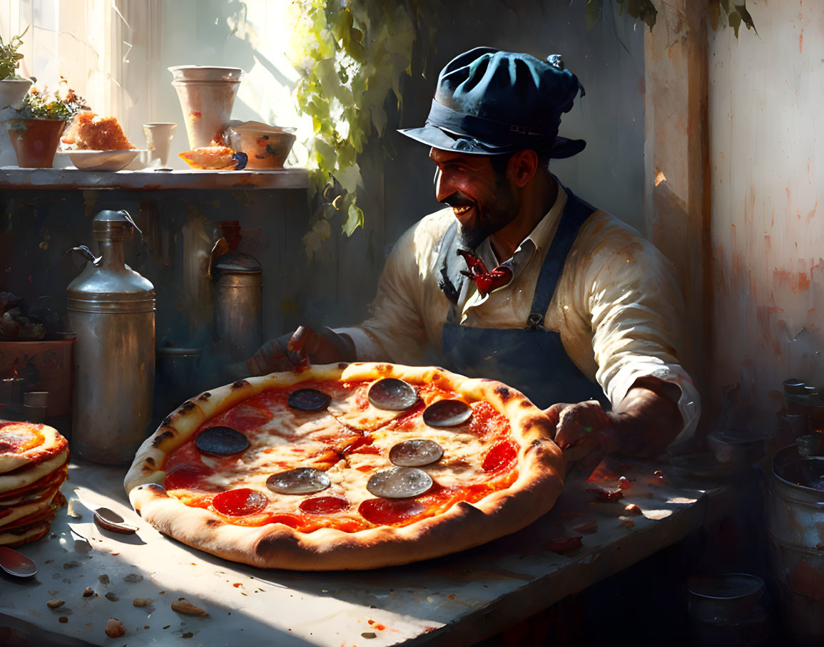 Cheerful chef with freshly baked pizza in rustic kitchen