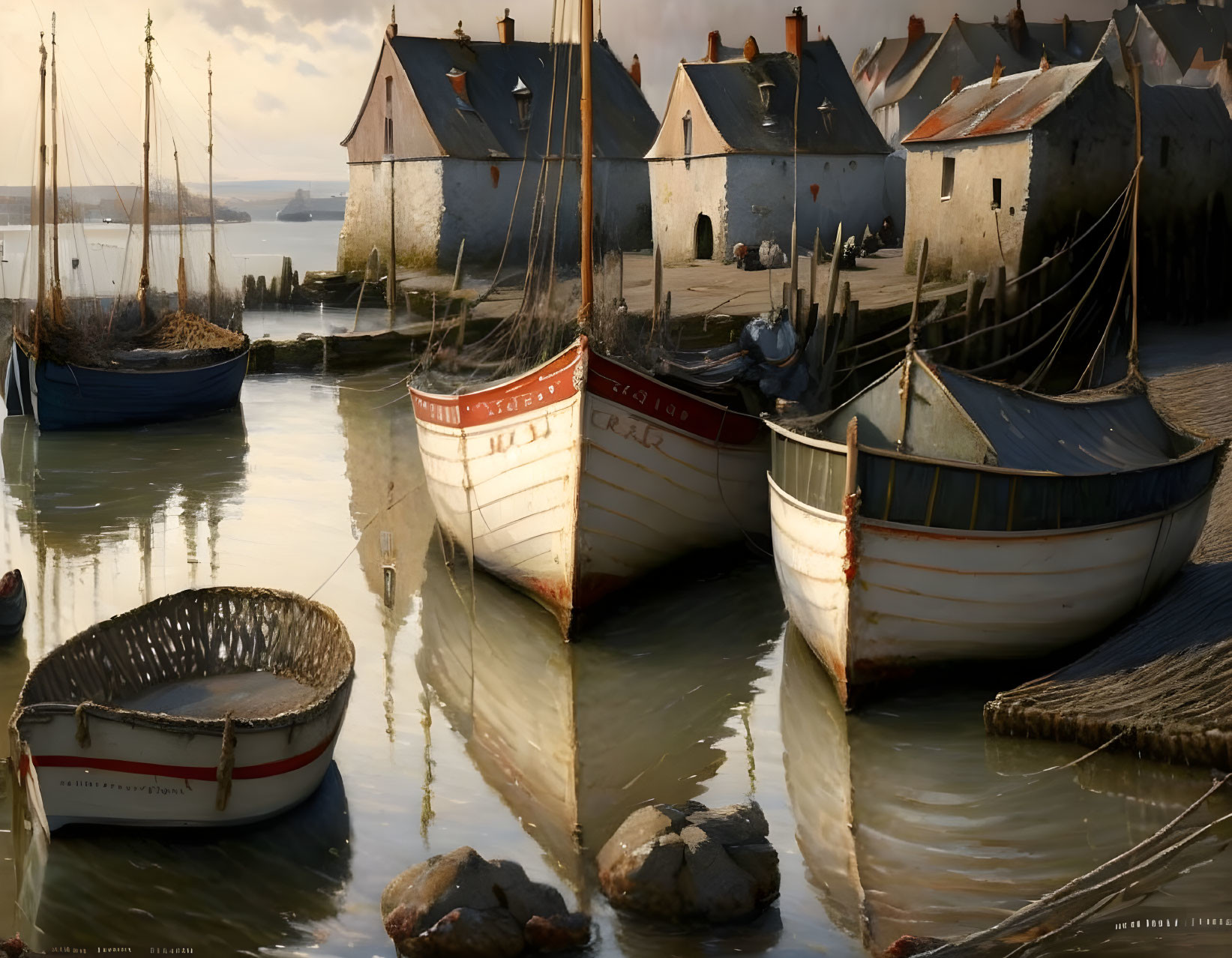 Tranquil harbor sunset with moored boats and old waterside buildings