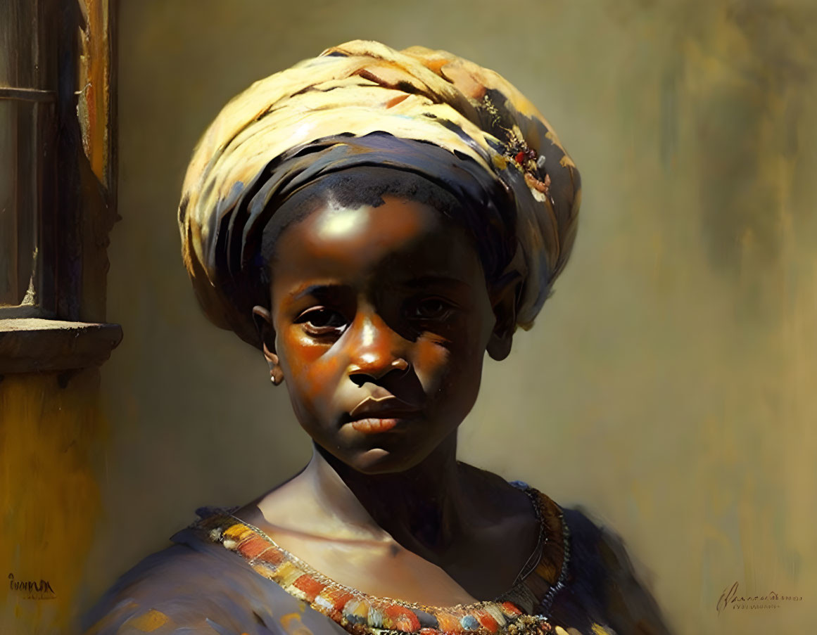 Young girl in yellow headwrap and blue necklace under soft light