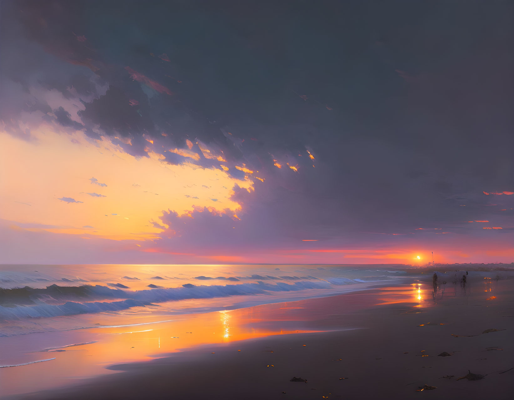 Tranquil sunset beach scene with waves, radiant horizon, clouds, reflections, and distant silhou