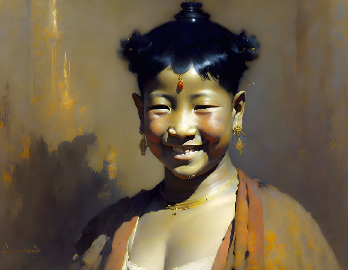 Smiling girl with traditional earrings and bindi on warm golden backdrop