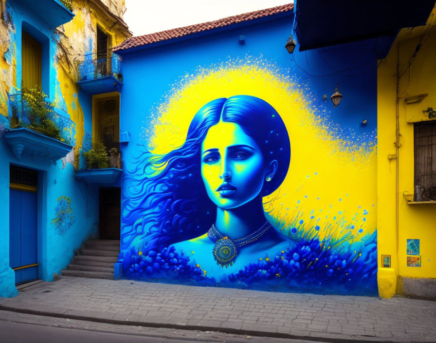 Colorful street art: woman with blue hair, glowing aura, blue and yellow backdrop