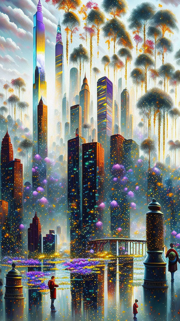 Futuristic cityscape with glowing buildings, water reflections, and people observing.