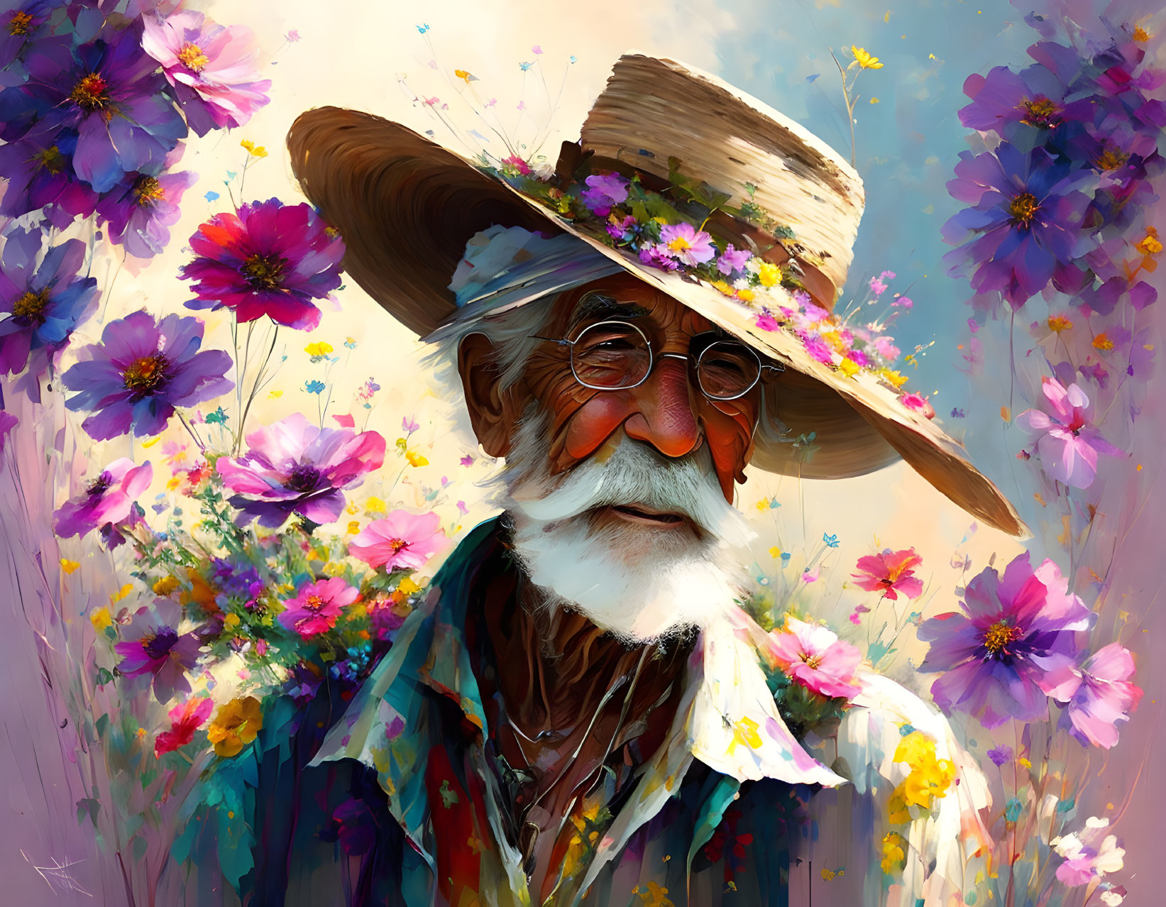 Elderly man with white beard and straw hat in front of colorful flowers