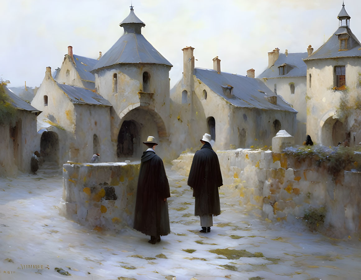 Cloaked figures near old stone buildings in misty setting