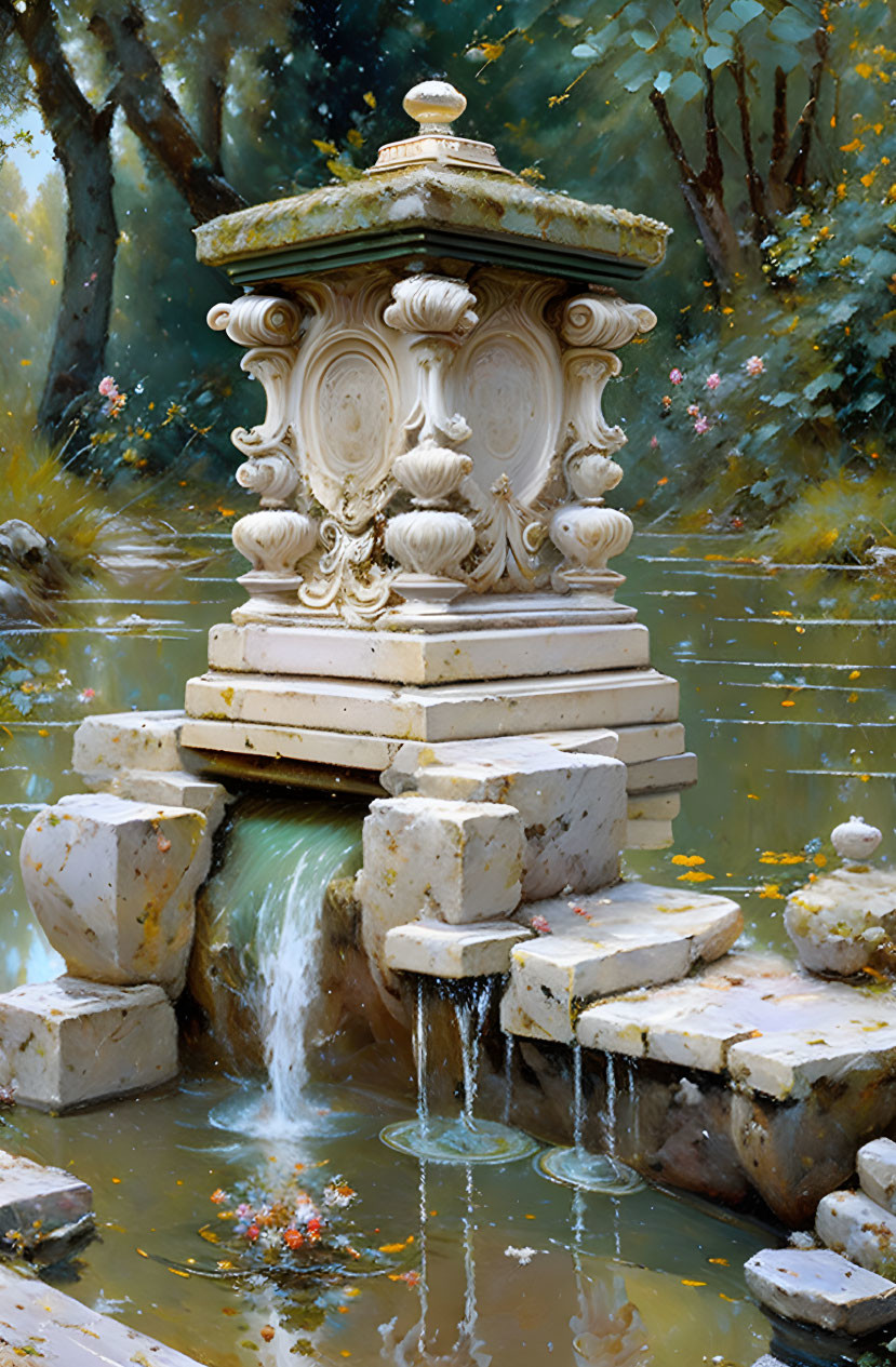 Ornate Stone Fountain in Autumn Foliage and Pond