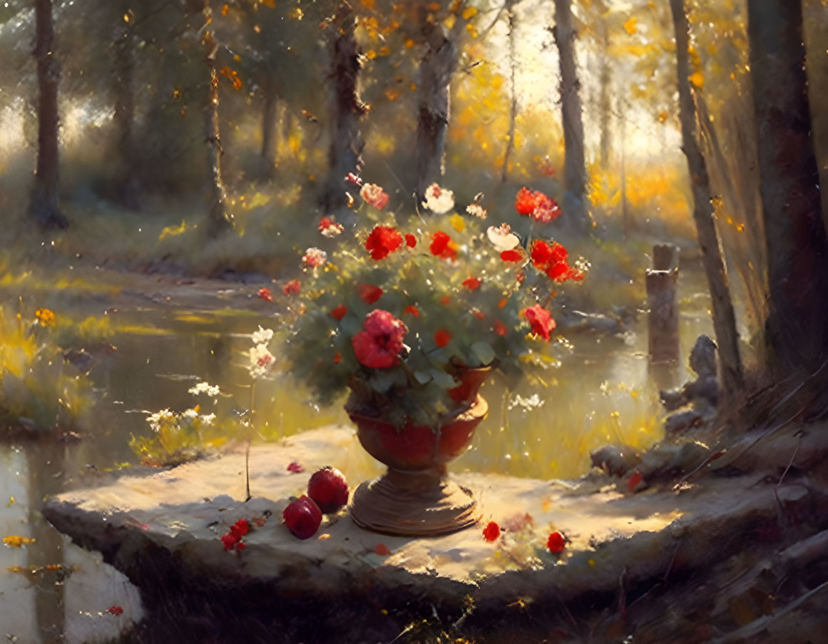 Tranquil painting: Red flowers in vase on stone table in autumn forest