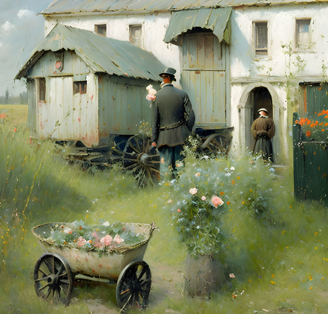 Rural landscape with figures, buildings, greenery, and flowers