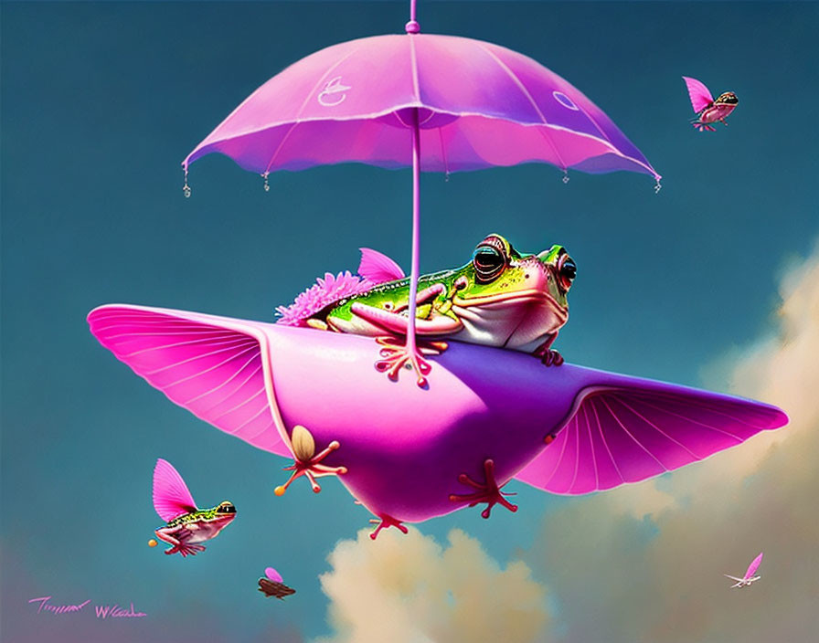 Illustration of frogs with butterfly wings and flower umbrella under sunny sky