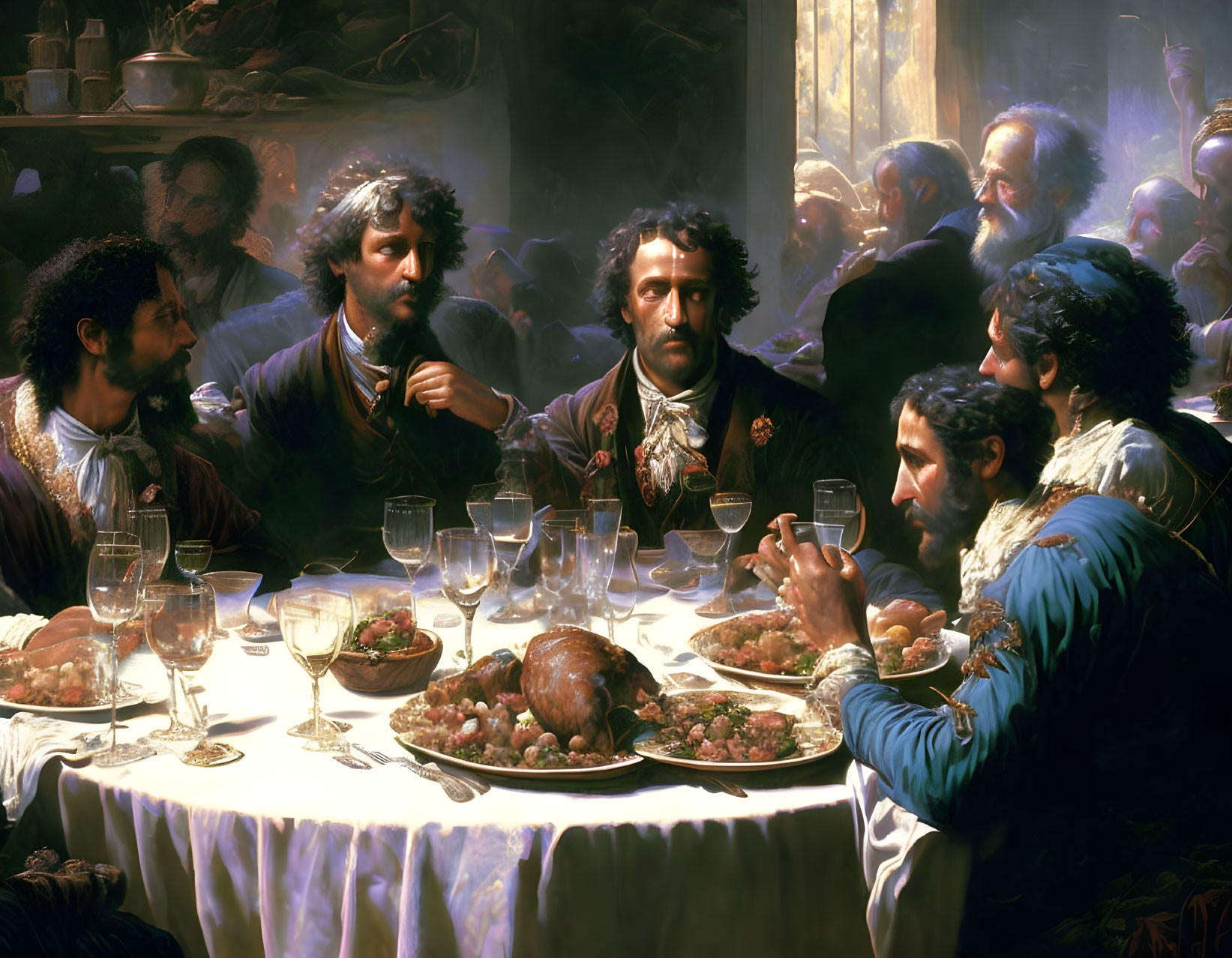 Men in historical attire conversing at banquet table with goblets and roast