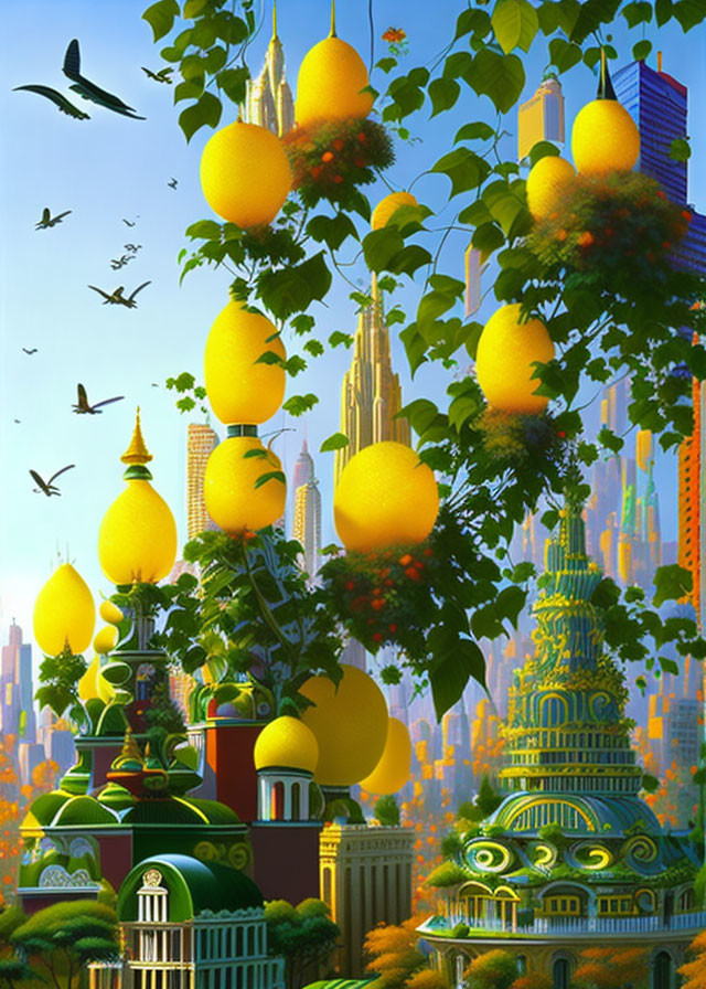 Colorful surreal cityscape with fruit-shaped buildings and Russian domes under a blue sky.