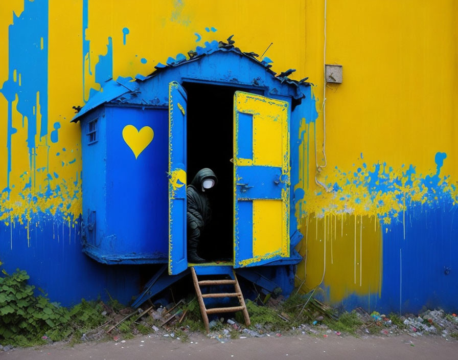 Person in Gas Mask Peering Out of Blue and Yellow Splattered Guardhouse