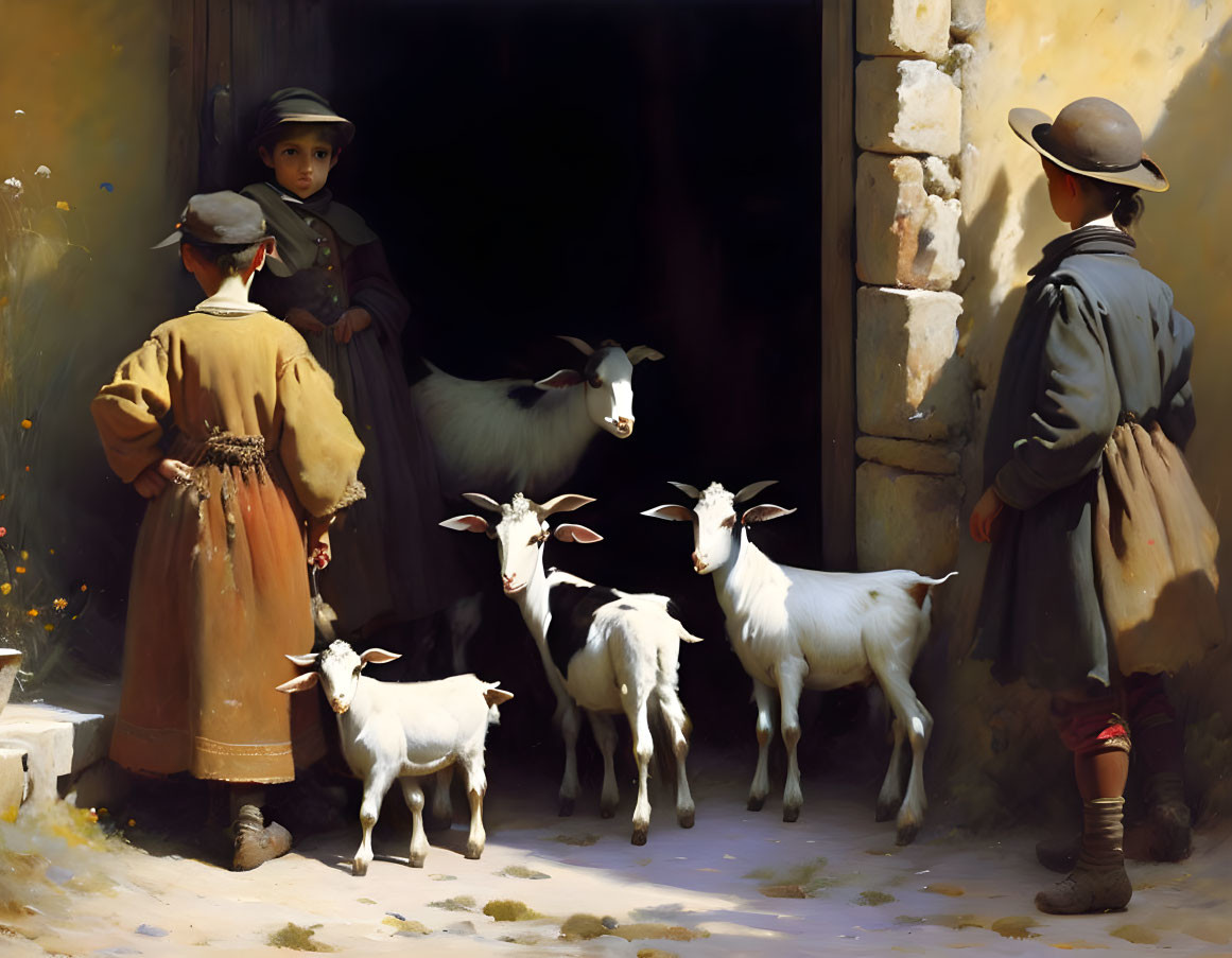 Children and goats in sunlit alleyway with shadows