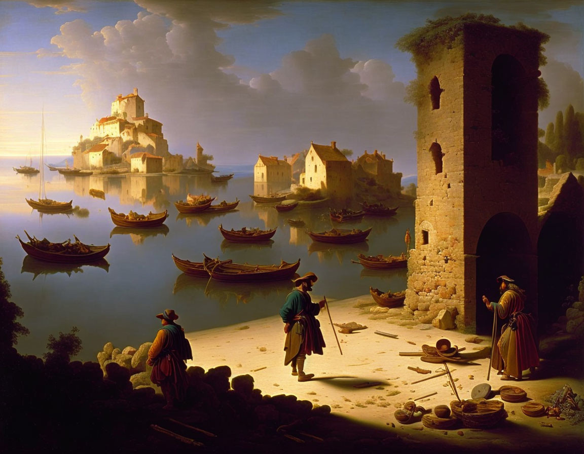 Tranquil coastal painting with figures, boats, and distant castle