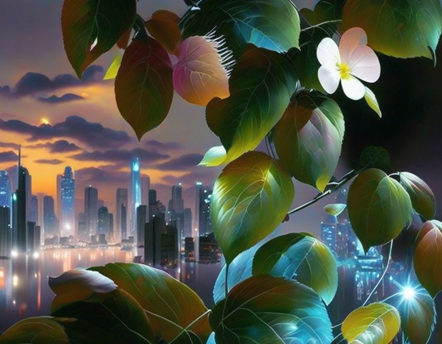 Close-Up of Green Leaves, White Flower, City Skyline, Colorful Sunset