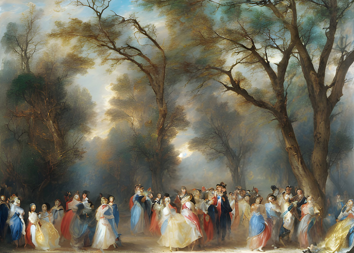 Outdoor Gathering with Period-Attired People Dancing at Sunset