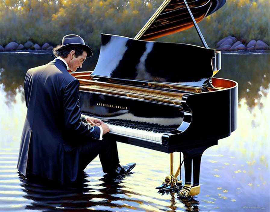 Man in Black Suit Plays Grand Piano on Reflective Water Surface Amid Trees