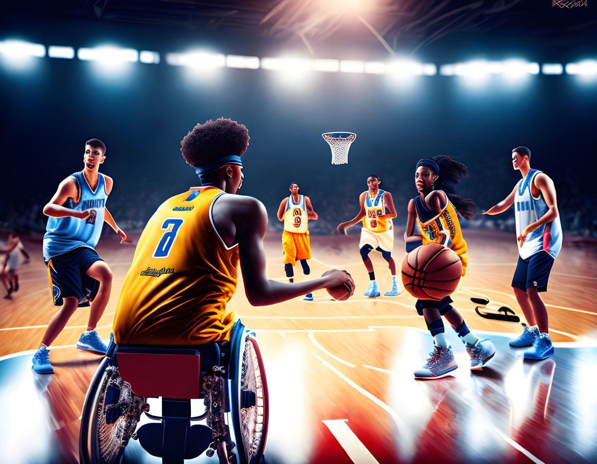 Colorful jerseys in dynamic wheelchair basketball game