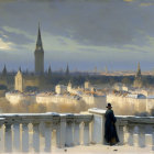 Solitary figure on balcony gazes at cityscape with tall spire under cloudy sky