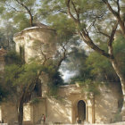 Sunlit ancient ruins with round tower and figure in red near archway