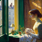 Woman in Yellow Dress by Sunlit Window with Plants