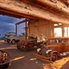 Collection of vintage cars in decay under desert sunset.