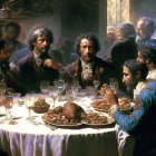 Men in historical attire conversing at banquet table with goblets and roast