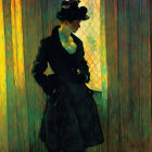 Woman in Black Dress and Hat by Brightly Lit Window