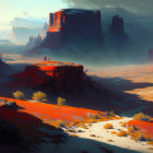 Desert Landscape with Red Rock Mesas and Sunlit Shrubs