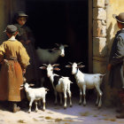 Children and goats in sunlit alleyway with shadows