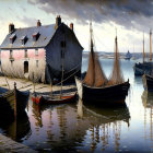 Coastal village scene with sailboats, calm water, old house, and cloudy sky