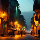 City street scene with people, carts, and misty castle at dusk