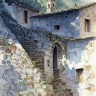 Medieval stone building with bell tower and mountain backdrop