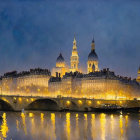 Historic building with illuminated facade and domes reflected in river at twilight.